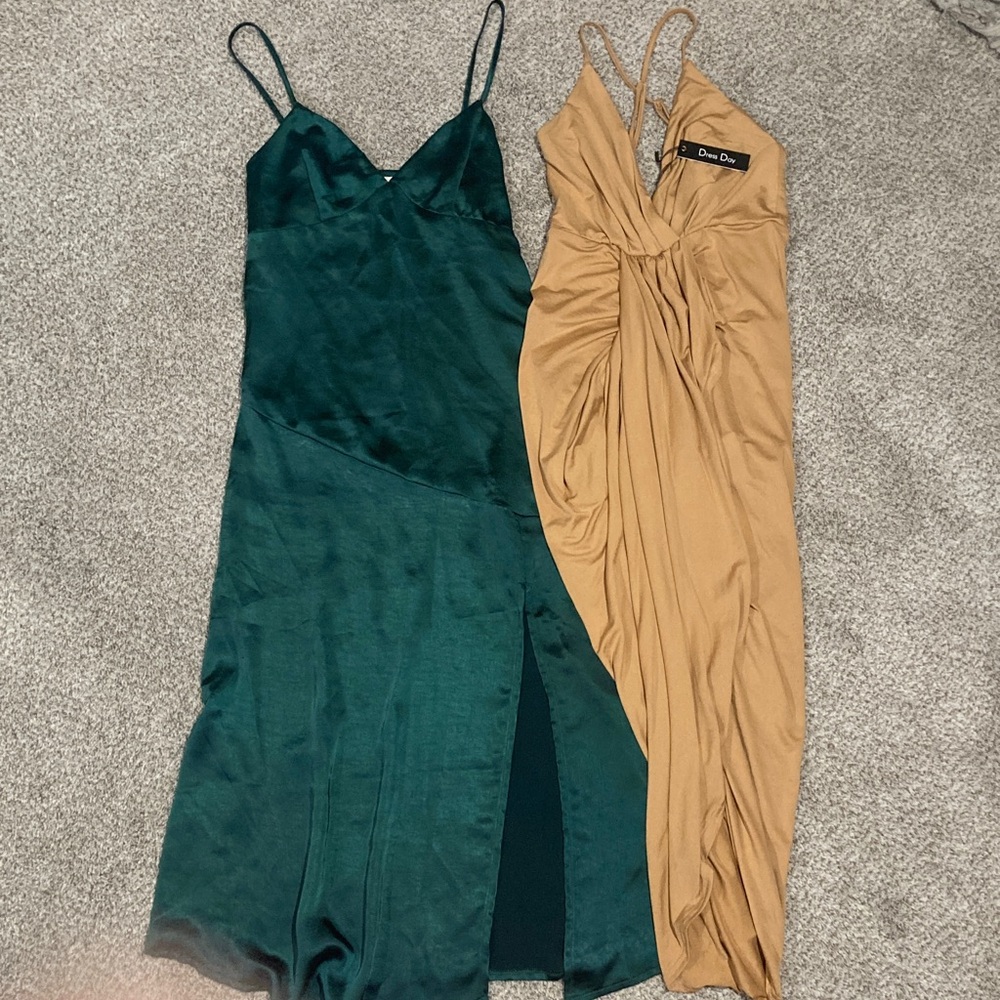 Elegant Satin Style Green and Tan/Gold Dress Lot
